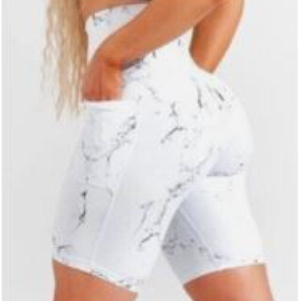 Buffbunny‎ Collection Shorts Womens M White Marble High Waist Pocket Biker Gym